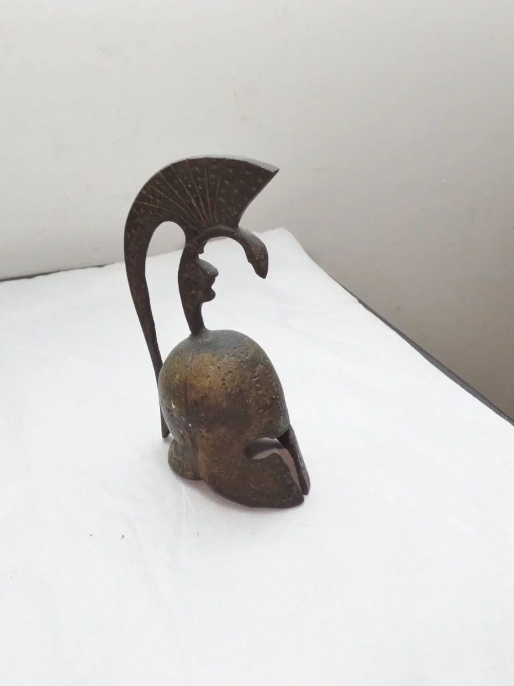 Vintage 5”  Greek Bronze Helmet w/ Patina Spartan Desk Bell